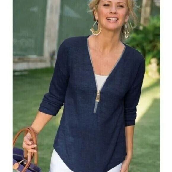 Soft Surroundings Sweater Women Large Navy Valentina Zip Up Lightweight Pullover - Picture 5 of 5
